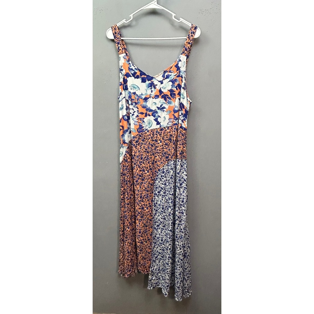 Ava James Dress Womens XL Blue Orange Floral Patchwork Maxi V-Neck Festival